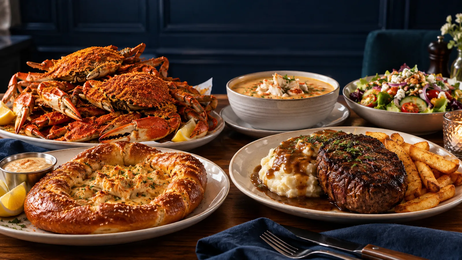A Maryland food spread with seasoned crabs, crab pretzel, soup, steak dinner and salad